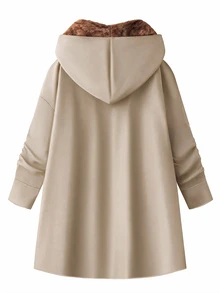SHEIN Clasi 女款優雅秋冬加厚抓絨長款連帽大衣，黑色 - 卡其色 - 查看 2