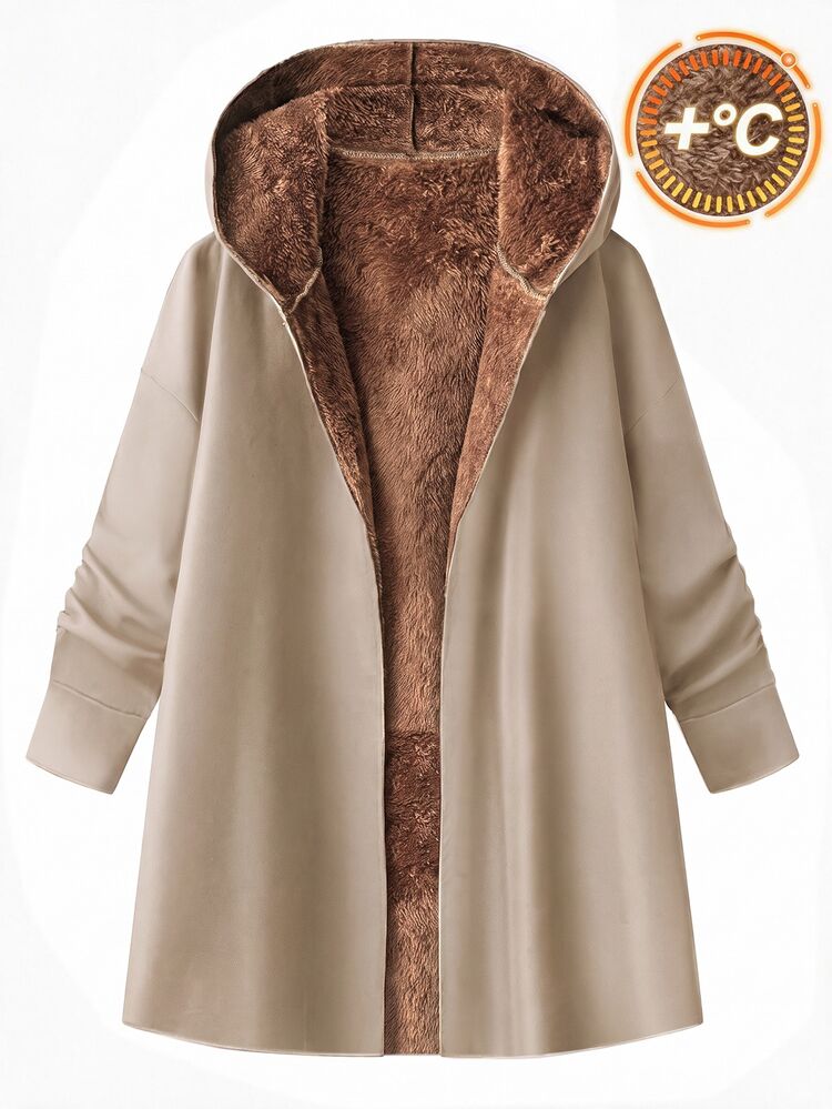 SHEIN Clasi Women's Elegant Autumn Winter Thickened Fleece Long Hair Regular Hooded Coat Black - Khaki - View 3