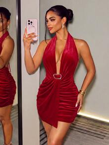 SHEIN BamGlam Red Summer Techno Party Rave Women Deep V-Fold Mini Dress, Elegant Casual Wedding Guest Halloween Christmas, Fall/Winter - Red - View 6