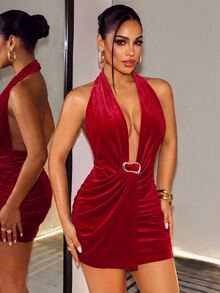 SHEIN BamGlam Red Summer Techno Party Rave Women Deep V-Fold Mini Dress, Elegant Casual Wedding Guest Halloween Christmas, Fall/Winter - Red - View 5