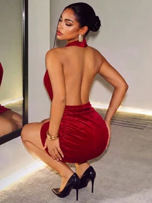 SHEIN BamGlam Red Summer Techno Party Rave Women Deep V-Fold Mini Dress, Elegant Casual Wedding Guest Halloween Christmas, Fall/Winter - Red - View 2