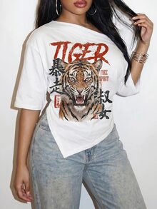 Slaydiva Plus Size Women's Letter & Tiger Graphic Casual Everyday Short Sleeve T-Shirt - Multicolor - View 4
