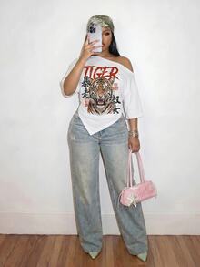 Slaydiva Plus Size Women's Letter & Tiger Graphic Casual Everyday Short Sleeve T-Shirt - Multicolor - View 6