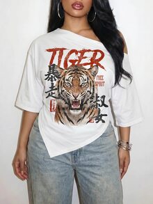 Slaydiva Plus Size Women's Letter & Tiger Graphic Casual Everyday Short Sleeve T-Shirt - Multicolor - View 5