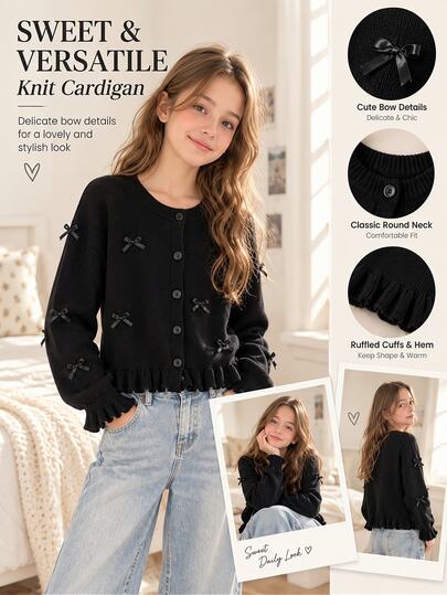 SHEIN Cardigan Rajut Lembut dan Nyaman Model Longgar Warna Hitam Baru untuk Remaja Perempuan di Musim Gugur, Dilengkapi Manset Pita, Hem Berumbai, dan Kancing Depan, Cocok untuk Acara Santai, Pertemuan, Perjalanan, dan Pemakaian Berlapis.