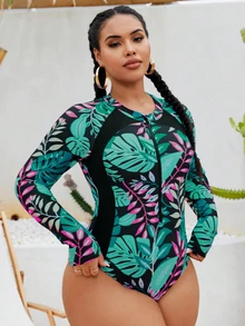 SHEIN Swim Curve Plus Size Women One-Piece Zipper Front Random Print Long Sleeve Slimming Swimsuit Suitable For Surfing Sports Beach Beach Vacation Pool Black Summer - Multicolor - View 5