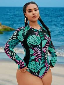 SHEIN Swim Curve Plus Size Women One-Piece Zipper Front Random Print Long Sleeve Slimming Swimsuit Suitable For Surfing Sports Beach Beach Vacation Pool Black Summer - Multicolor - View 1