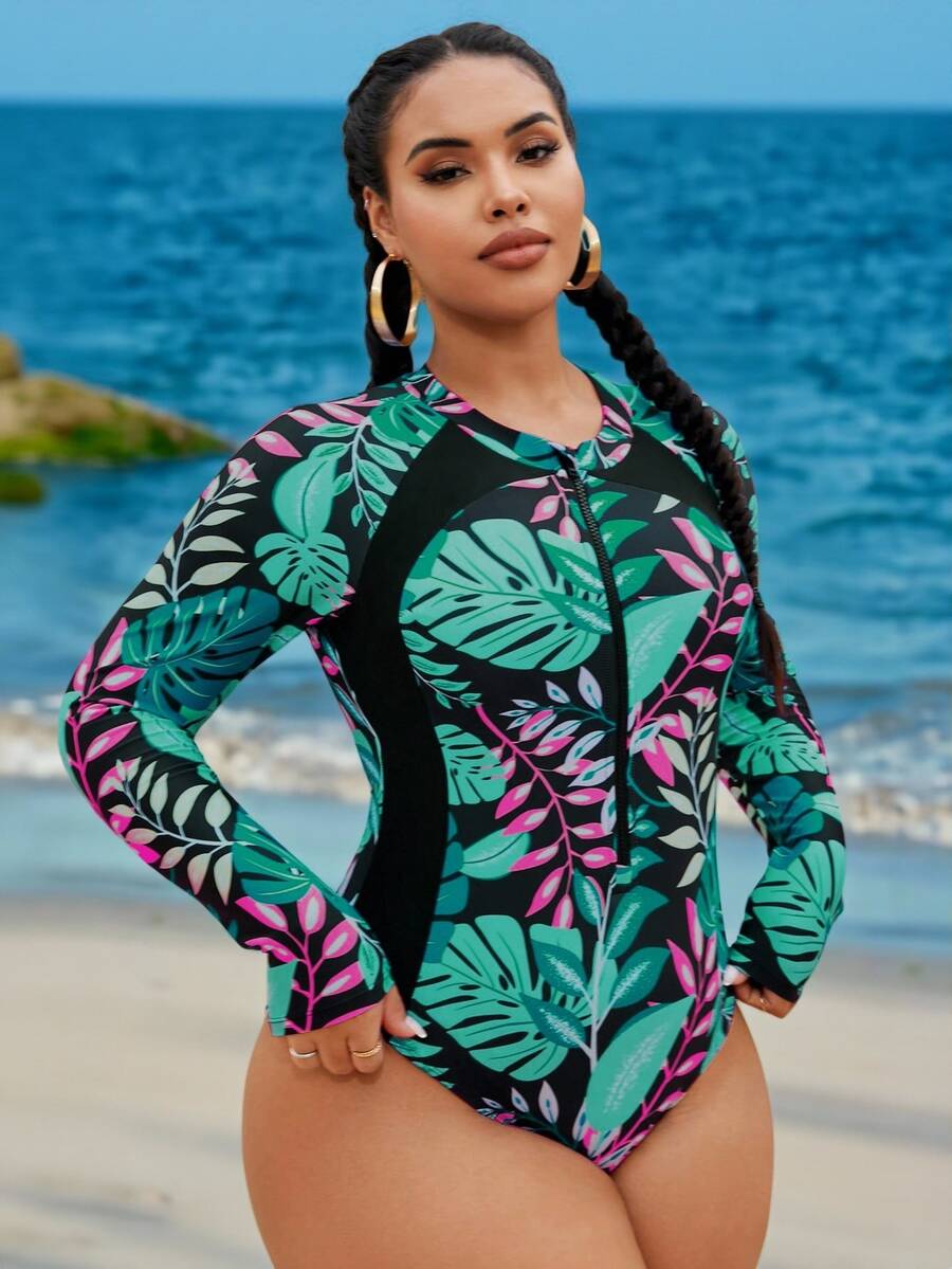 SHEIN Swim Curve Plus Size Women One-Piece Zipper Front Random Print Long Sleeve Slimming Swimsuit Suitable For Surfing Sports Beach Beach Vacation Pool Black Summer - Multicolor - View 1