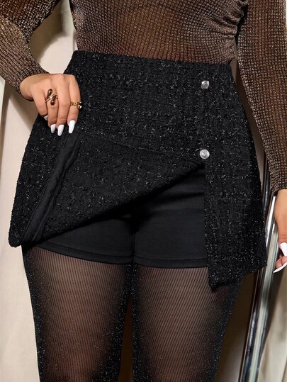 Elaquor Plus Size Women's Elegant Sexy Side Slit Hem Button Design Skort Party Night Black And Gold Autumn, Fall/Winter, Christmas, Thanksgiving, New Year