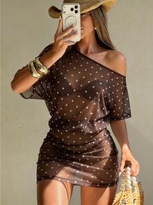 SHEIN Swim Damen Strandmode Frühling/Sommer: Off-Shoulder, Kurzarm, figurbetonte Taille, Bodycon Bikini-Kleid/Cover-Up-Kleid/Cover-Up-Kleid - Rostbraun - Übersicht 4