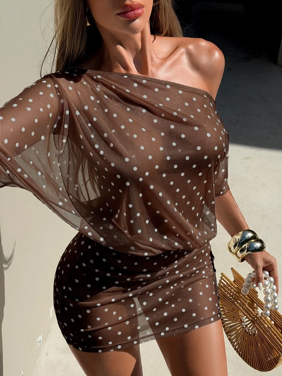 SHEIN Swim Damen Strandmode Frühling/Sommer: Off-Shoulder, Kurzarm, figurbetonte Taille, Bodycon Bikini-Kleid/Cover-Up-Kleid/Cover-Up-Kleid - Rostbraun - Übersicht 1