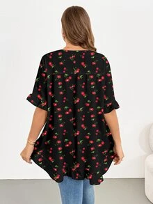 Shapeblank Plus Size Women's Summer Cherry Print Ruffle Blouse - Fashionable Casual, Elegant Loose Fit, Comfortable Flattering Silhouette, Sweet And Cute, Suitable For Daily Wear And Office - Multicolor - View 2