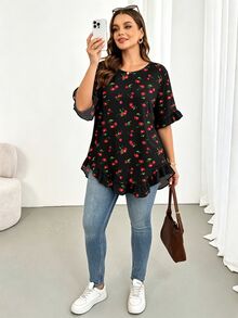 Shapeblank Plus Size Women's Summer Cherry Print Ruffle Blouse - Fashionable Casual, Elegant Loose Fit, Comfortable Flattering Silhouette, Sweet And Cute, Suitable For Daily Wear And Office - Multicolor - View 7