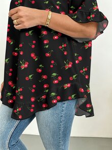 Shapeblank Plus Size Women's Summer Cherry Print Ruffle Blouse - Fashionable Casual, Elegant Loose Fit, Comfortable Flattering Silhouette, Sweet And Cute, Suitable For Daily Wear And Office - Multicolor - View 5