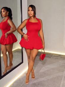 Zolique Women's Summer Sexy Solid Color Backless Halter Bubble Hem Mini Dress For New Year Clothes - Red - View 6