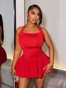 Zolique Women's Summer Sexy Solid Color Backless Halter Bubble Hem Mini Dress For New Year Clothes - Red - View 8