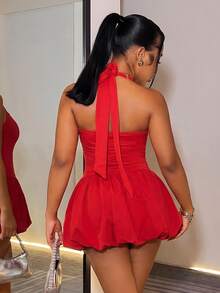 Zolique Women's Summer Sexy Solid Color Backless Halter Bubble Hem Mini Dress For New Year Clothes - Red - View 4