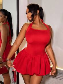 Zolique Women's Summer Sexy Solid Color Backless Halter Bubble Hem Mini Dress For New Year Clothes - Red - View 7