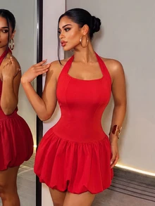 Zolique Women's Summer Sexy Solid Color Backless Halter Bubble Hem Mini Dress For New Year Clothes - Red - View 3