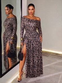 BamGleam Pink Leopard Print Off-Shoulder Ruched Cinched Waist Dress - Pink - View 3