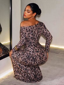 BamGleam Pink Leopard Print Off-Shoulder Ruched Cinched Waist Dress - Pink - View 6