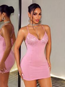 BamGleam Vacation Concert Bodycon Mini Dress, Women Spaghetti Strap Deep V Sequin Bust Backless Tie Back Dress - Pink - View 3