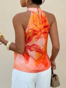 Lavishia Women's Blush Pink Floral Floral Print Halter Top, Casual European Tropical Tropical Night Out Vacation Sexy Beach Vacation Holiday Vacation Summer - Orange - View 7