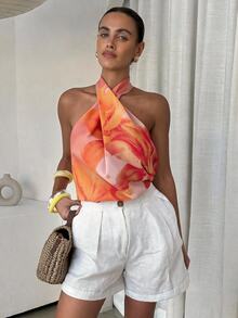 Lavishia Women's Blush Pink Floral Floral Print Halter Top, Casual European Tropical Tropical Night Out Vacation Sexy Beach Vacation Holiday Vacation Summer - Orange - View 3