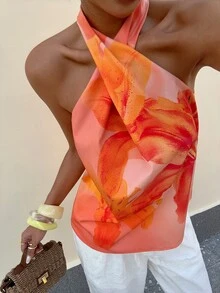 Lavishia Women's Blush Pink Floral Floral Print Halter Top, Casual European Tropical Tropical Night Out Vacation Sexy Beach Vacation Holiday Vacation Summer - Orange - View 6