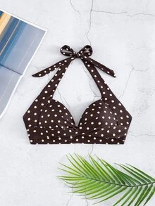SHEIN Swim 女款夏季海灘棕色波點印花掛脖綁帶性感時尚比基尼上衣 - 彩色 - 查看 7