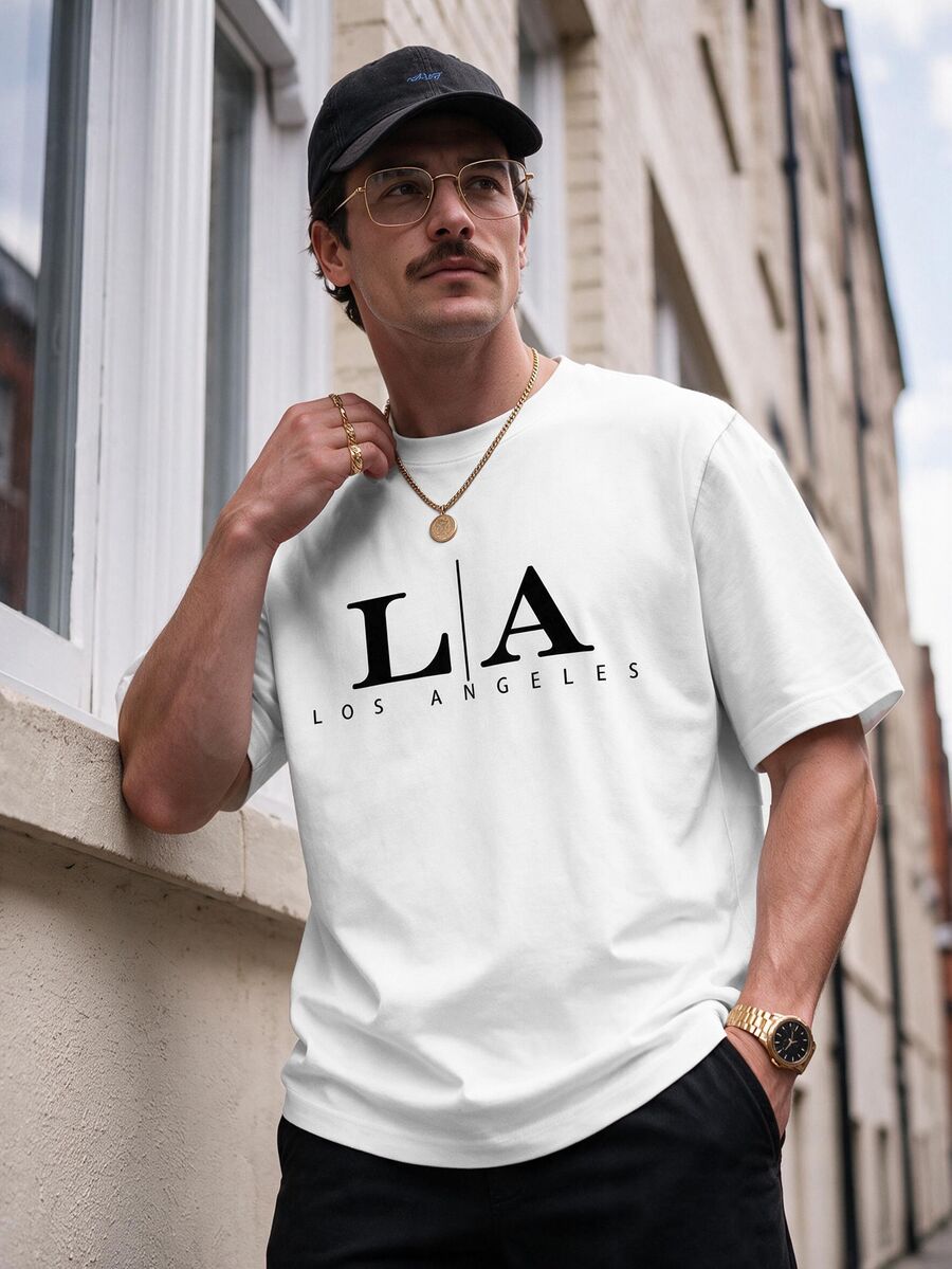 Manfinity Homme Men's Summer Letter Print Round Neck Short Sleeve Casual Versatile T-Shirt - White - View 1