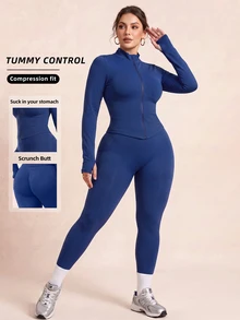 SHEIN Rhythm Era Women's Plus Size Solid Color Slim Fit Jacket Leggings Sports Cow Girl Set Gym Royal Blue Autumn - Blue - View 1