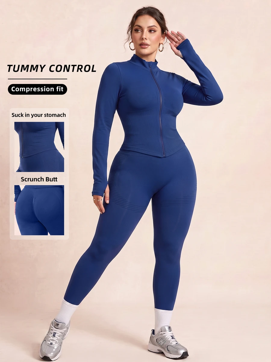 SHEIN Rhythm Era Women's Plus Size Solid Color Slim Fit Jacket Leggings Sports Cow Girl Set Gym Royal Blue Autumn - Blue - View 1