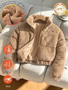 SHEIN Tween女孩純色毛絨舒適加厚修身腰部拉鍊連帽夾克 防污酷感時尚街頭戶外活動日常穿著冬季長袖Y2K風格白色填充外套 - 卡其色 - 查看 5