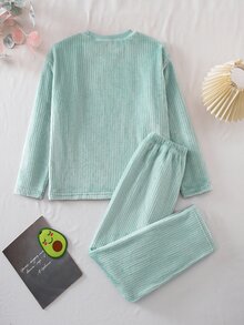 SHEIN Avocado Embroidered Corduroy Home Set, Light Green Loose Round Neck Long Sleeve Pants 2 Pieces Pajama Set For Teen GirlAutumn/Winter - Green - View 3