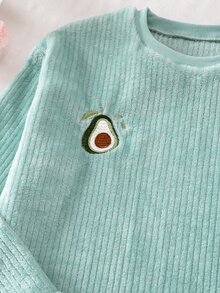 SHEIN Avocado Embroidered Corduroy Home Set, Light Green Loose Round Neck Long Sleeve Pants 2 Pieces Pajama Set For Teen GirlAutumn/Winter - Green - View 8