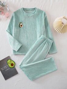 SHEIN Avocado Embroidered Corduroy Home Set, Light Green Loose Round Neck Long Sleeve Pants 2 Pieces Pajama Set For Teen GirlAutumn/Winter - Green - View 2
