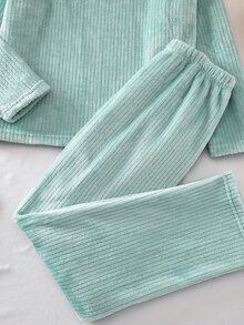 SHEIN Avocado Embroidered Corduroy Home Set, Light Green Loose Round Neck Long Sleeve Pants 2 Pieces Pajama Set For Teen GirlAutumn/Winter - Green - View 5