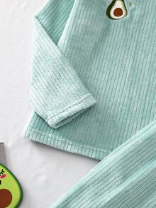 SHEIN Avocado Embroidered Corduroy Home Set, Light Green Loose Round Neck Long Sleeve Pants 2 Pieces Pajama Set For Teen GirlAutumn/Winter - Green - View 4