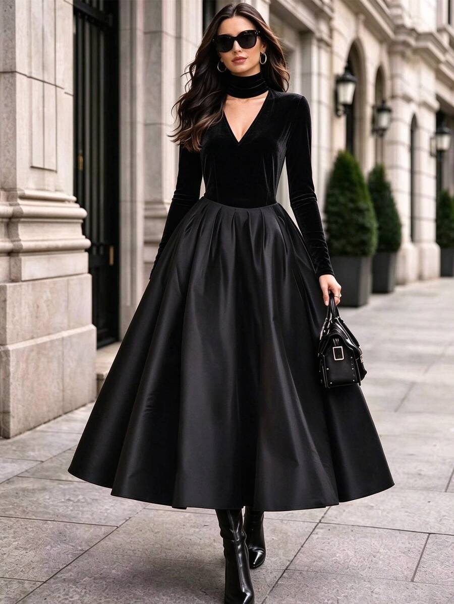 Balvessa Women's High Neck Cutout V-Neck Long Sleeve A-Line Dress - Black - View 1