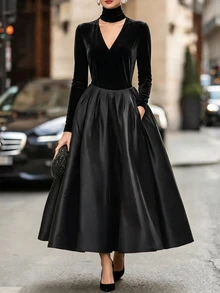Balvessa Women's High Neck Cutout V-Neck Long Sleeve A-Line Dress - Black - View 3