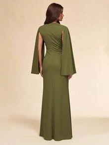 SHEIN BAE Fall Winter Olive Green Round Neck Cape Sleeve Ruched Bodycon Mermaid High Slit Elegant Dress Thanksgiving Party Night Out - Army Green - View 2