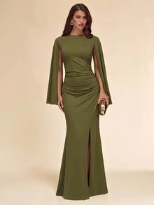 SHEIN BAE Fall Winter Olive Green Round Neck Cape Sleeve Ruched Bodycon Mermaid High Slit Elegant Dress Thanksgiving Party Night Out - Army Green - View 5