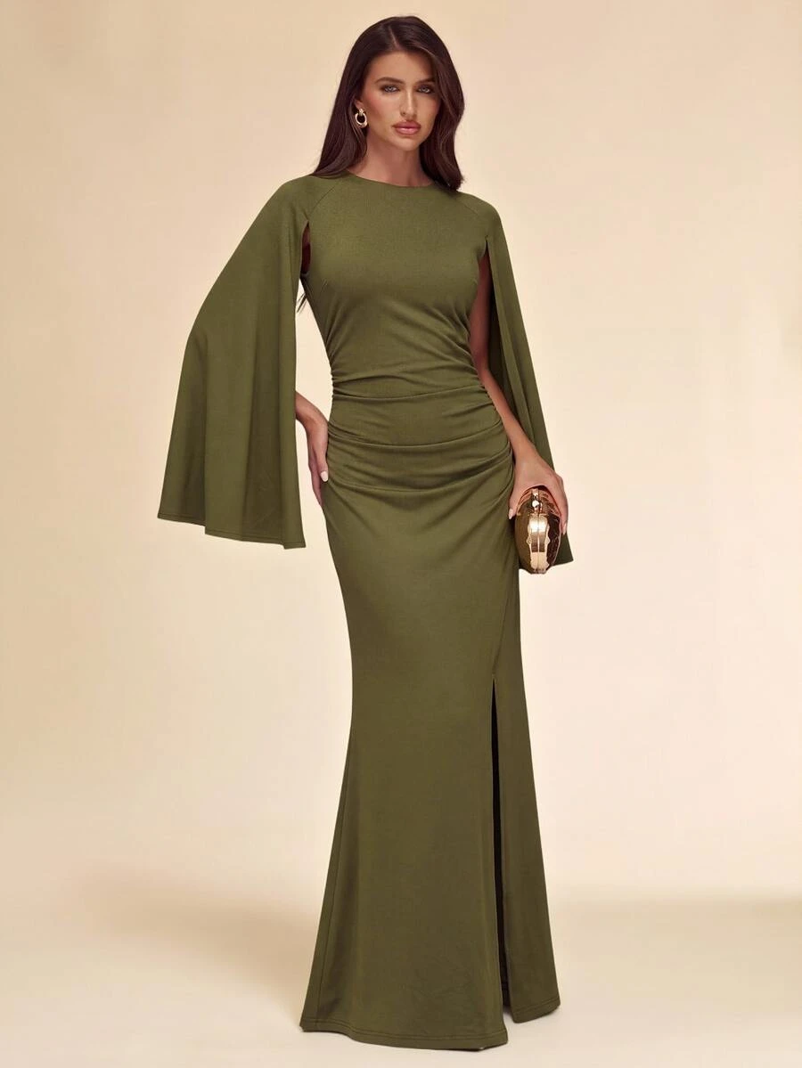 SHEIN BAE Fall Winter Olive Green Round Neck Cape Sleeve Ruched Bodycon Mermaid High Slit Elegant Dress Thanksgiving Party Night Out - Army Green - View 1
