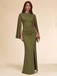 SHEIN BAE Fall Winter Olive Green Round Neck Cape Sleeve Ruched Bodycon Mermaid High Slit Elegant Dress Thanksgiving Party Night Out - Army Green - View 4