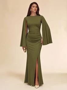 SHEIN BAE Fall Winter Olive Green Round Neck Cape Sleeve Ruched Bodycon Mermaid High Slit Elegant Dress Thanksgiving Party Night Out - Army Green - View 3