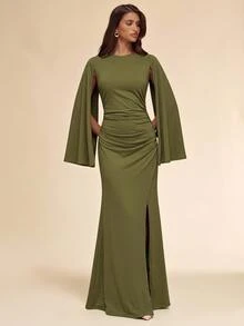 SHEIN BAE Fall Winter Olive Green Round Neck Cape Sleeve Ruched Bodycon Mermaid High Slit Elegant Dress Thanksgiving Party Night Out - Army Green - View 6