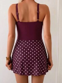 SHEIN Swim 女款時尚度假連身泳衣，波點印花綁帶設計，海灘派對度假風，白色波點，夏季可愛 70 年代復古風 - 彩色 - 查看 2