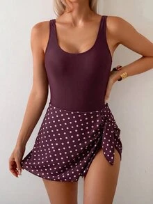 SHEIN Swim 女款時尚度假連身泳衣，波點印花綁帶設計，海灘派對度假風，白色波點，夏季可愛 70 年代復古風 - 彩色 - 查看 5