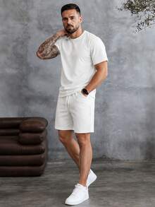 EGENSIO Men's Comfortable Crew Neck Short Sleeve T-Shirt Set, With Drawstring Elastic Waist Design, Jacquard Fabric, Suitable For Vacation, Party, Gathering - White - View 5